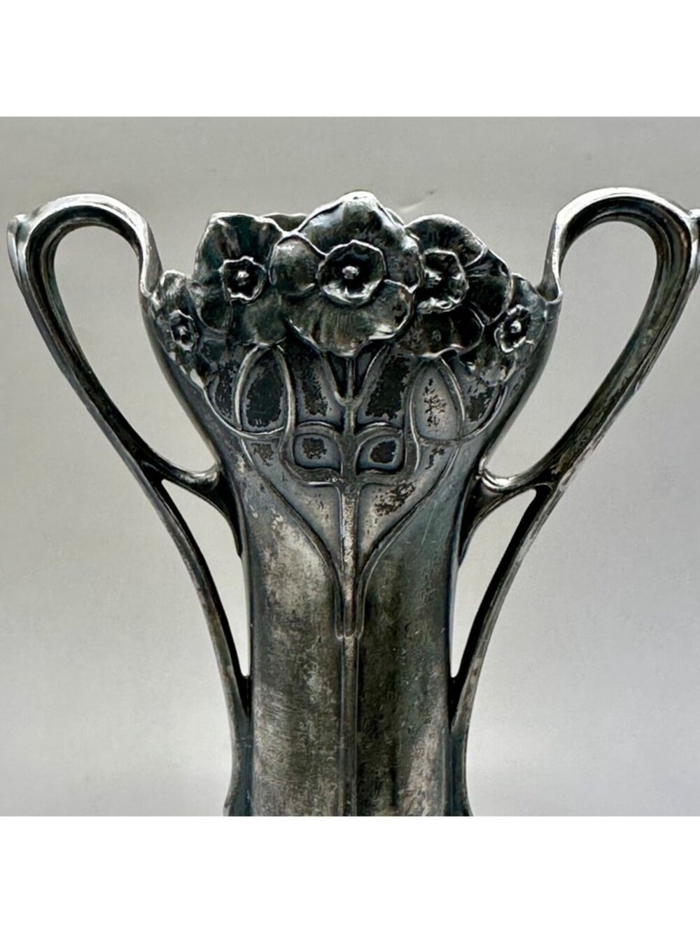 Antique Art Nouveau Silver Plated Vase Floral Jugendstil Motif & Double Handles